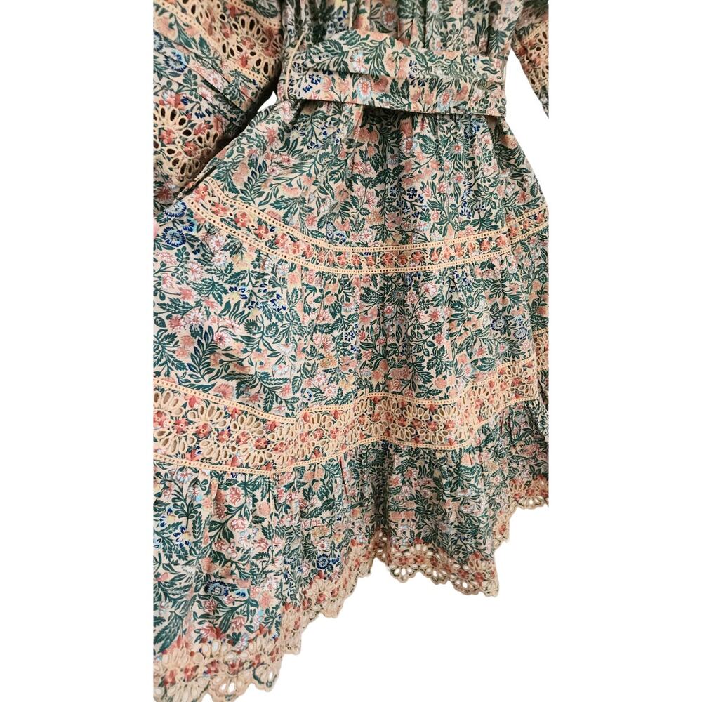 Ulla Johnson Dress Floral Cotton Mini Long Sleeve Green Pink Boho Ardith Sz 8 - Picture 9 of 14